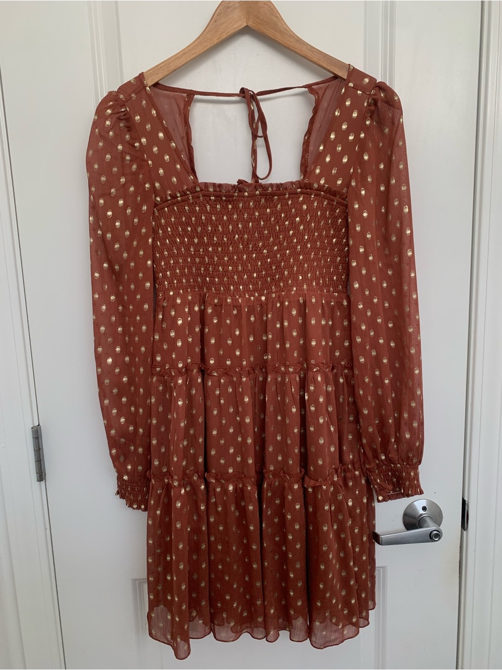 Listicle Rust Red Mini Dress with Gold Dot Print